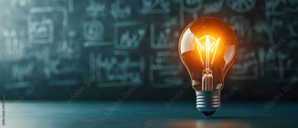 Poster illuminated light bulb with ai brain symbol in front of a blackboard