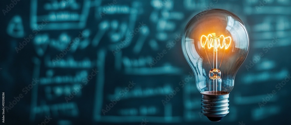 Poster illuminated light bulb with ai brain symbol in front of a blackboard