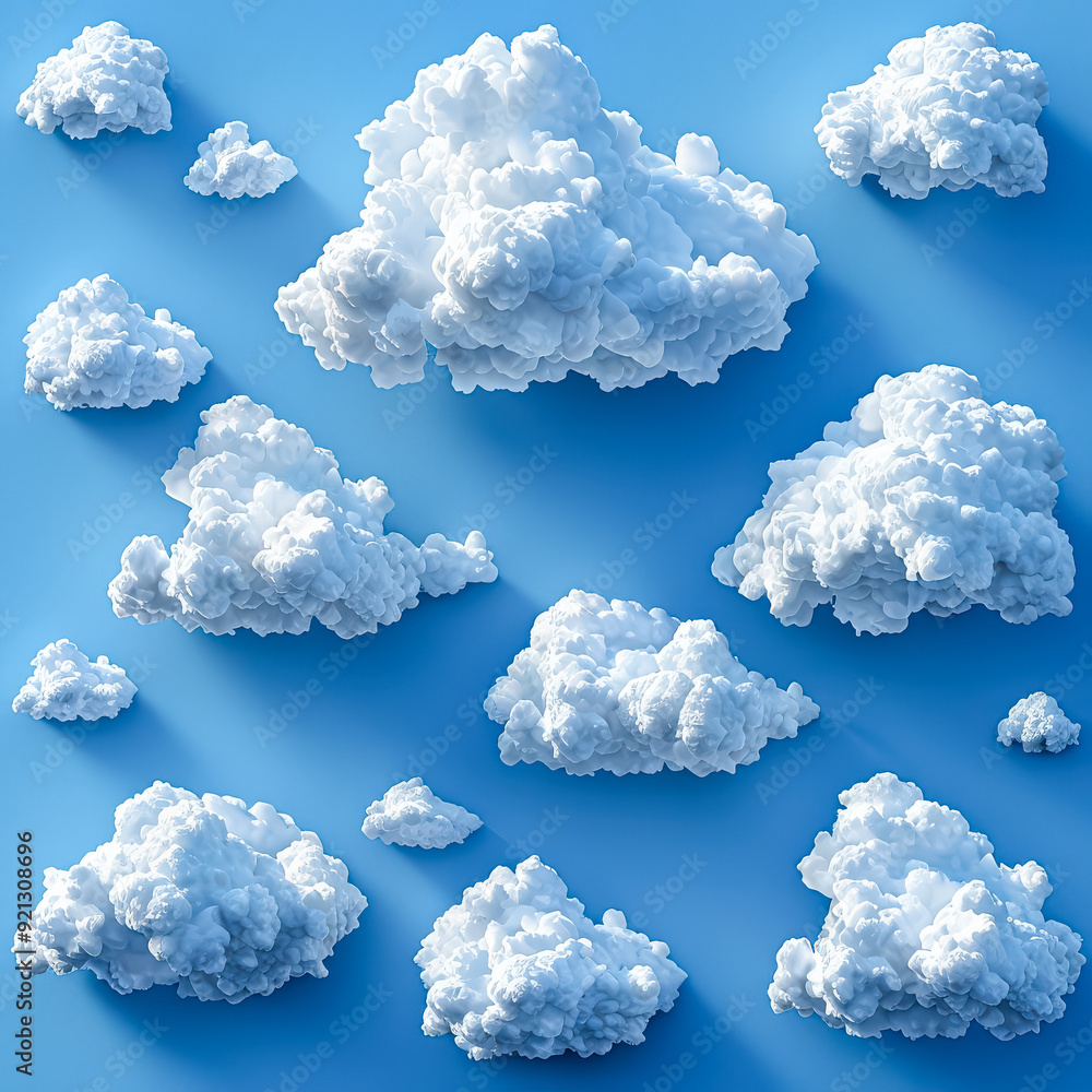 Poster a series of clouds in various sizes and shapes are scattered across a blue sky. the clouds are fluff