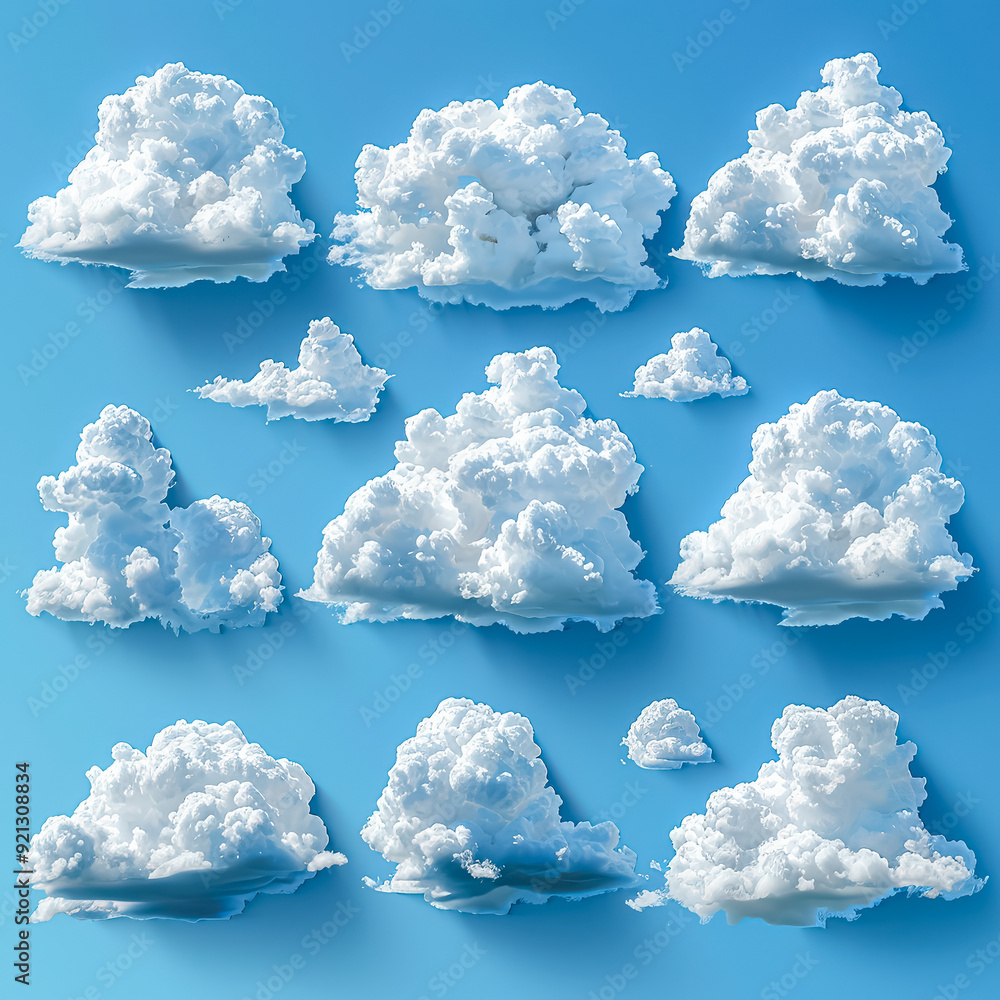 Poster a series of clouds in various sizes and shapes are scattered across a blue sky. the clouds are fluff