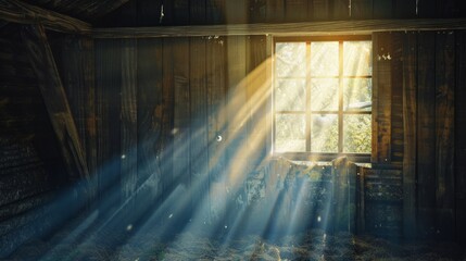 Sunbeams filtering through a hayloft window