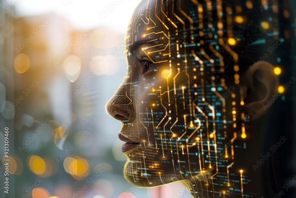 Poster a close-up of a womans face with a digital code overlay, illustrating the integration of ai and bloc