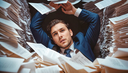 An office worker is drowning in paperwork, piles of documents, Film grain effect