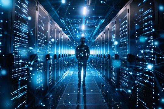 A person is walking through a data center filled with servers and cables, Integrating advanced technologies to prevent data breaches and cyber threats