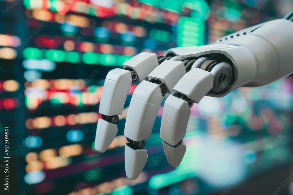 Poster a robotic hand is seen in front of a computer screen, showcasing the integration of ai and blockchai