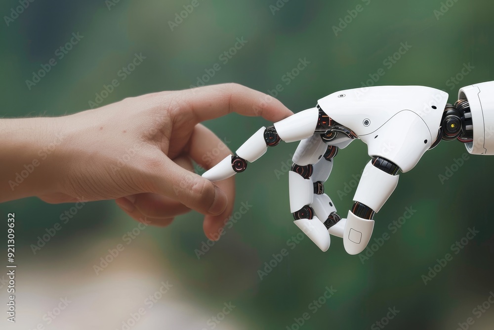 Poster a robot is reaching out to a human hand, showcasing the interaction between ai assistance and human 