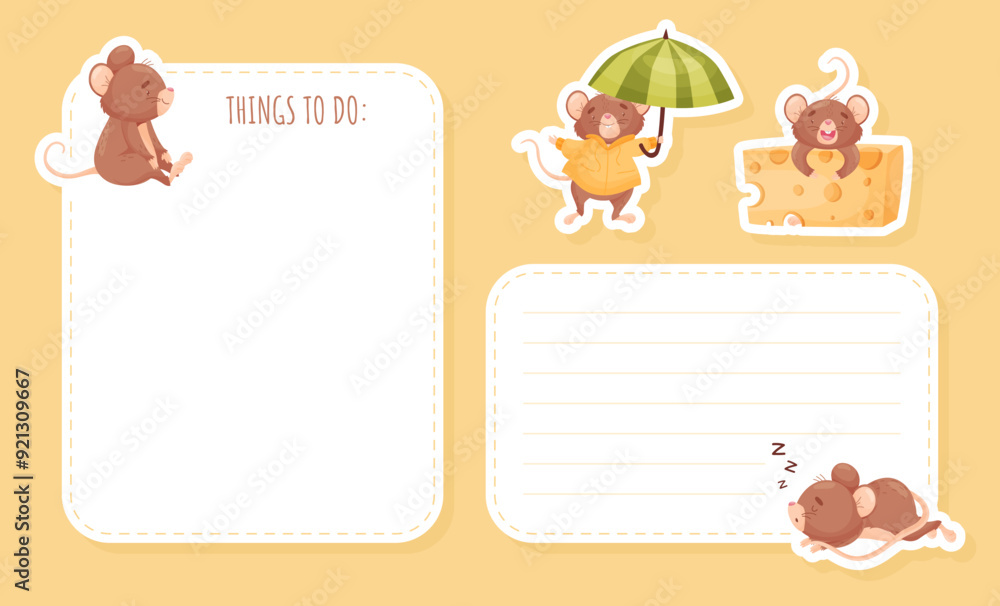 Aufkleber empty note card with cute little mouse character vector template