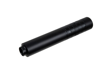 Black silencer for weapons. Suppressor that is at the end of an assault rifle. Isolate on a white back.