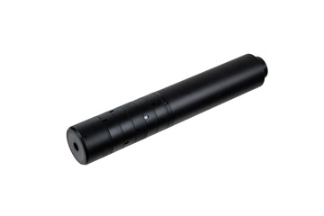 Black silencer for weapons. Suppressor that is at the end of an assault rifle. Isolate on a white back.