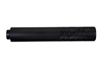 Black silencer for weapons. Suppressor that is at the end of an assault rifle. Isolate on a white back.