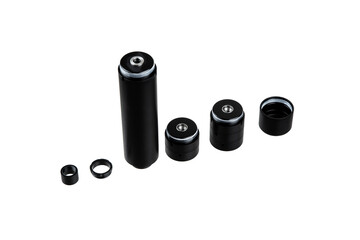 Black silencer for weapons. Suppressor that is at the end of an assault rifle. Isolate on a white back.