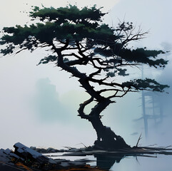 silhouette of a tree, lonely tree in the mist, illustration wallpaper 