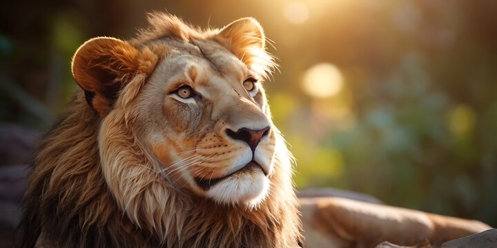 Portrait of lion standing on Jungle With Soft Blour And Sunray Nature Background
