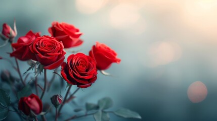 Fresh Red Roses in Bloom Surrounded by Soft Blue Background
