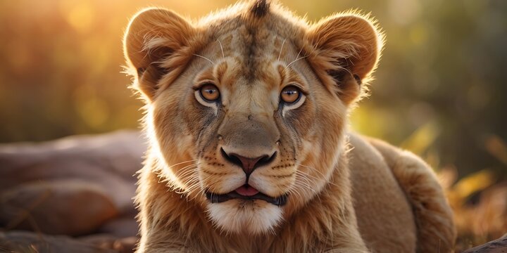 Portrait of lion standing on Jungle With Soft Blour And Sunray Nature Background