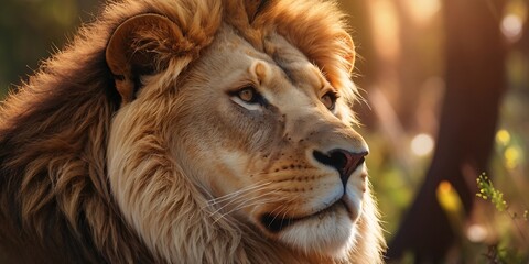 Portrait of lion standing on Jungle With Soft Blour And Sunray Nature Background