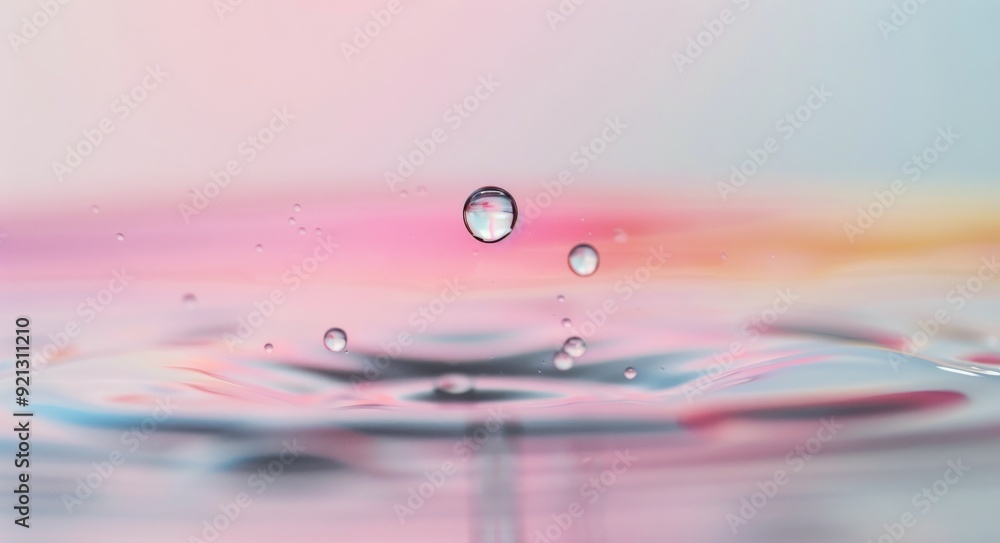 Poster water droplet rippling on surface with soft gradient background at dusk