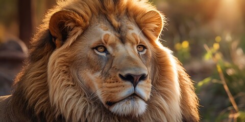 Naklejka premium Portrait of lion standing on Jungle With Soft Blour And Sunray Nature Background