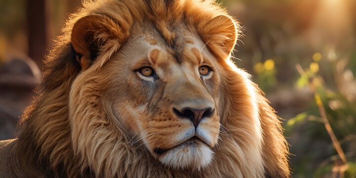 Portrait of lion standing on Jungle With Soft Blour And Sunray Nature Background