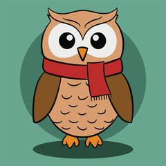 An owl with a red scarf on its neck is a cartoon illustration