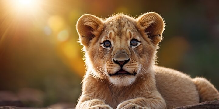 Portrait of lion Cub standing on Jungle With Soft Blour And Sunray Nature Background