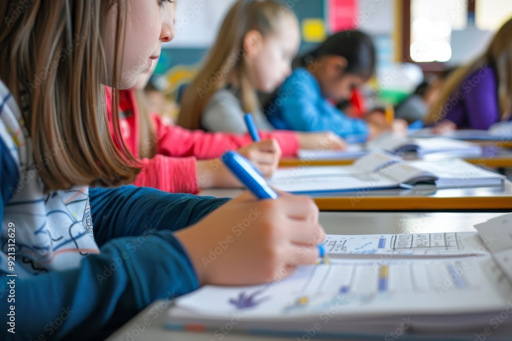 Poster a group of children are seated at desks in a classroom, engaged in learning activities, interactive 