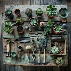 photo showcasing gardening tools and various plants laid out on a wooden table, embodying essence