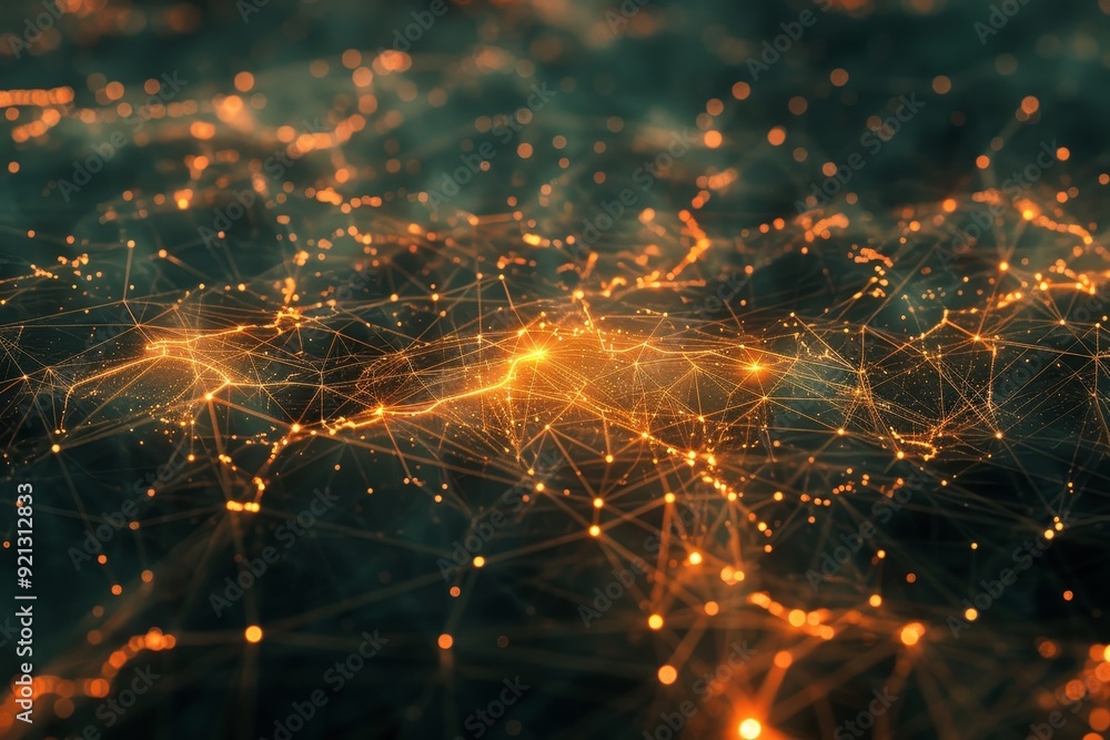 Poster Abstract network of glowing pathways and lines intersecting in a dark background, Interconnected network of glowing pathways