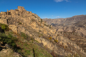 Sights of Dagestan. Abandoned ethnic aul in autumn. Old abandoned ghost town of Gamsutl, Dagestan, Russia
