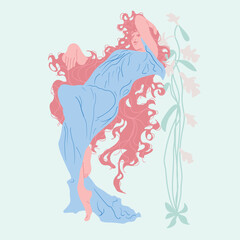 Hand-drawn vector illustration of a classic woman in Art Nouveau style, featuring ornaments and floral elements, classical art, modern fashion template, long hair.
