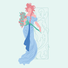 Artisan vector sketch of a woman in Art Nouveau style, including decorative and floral elements, classical art, current fashion template.