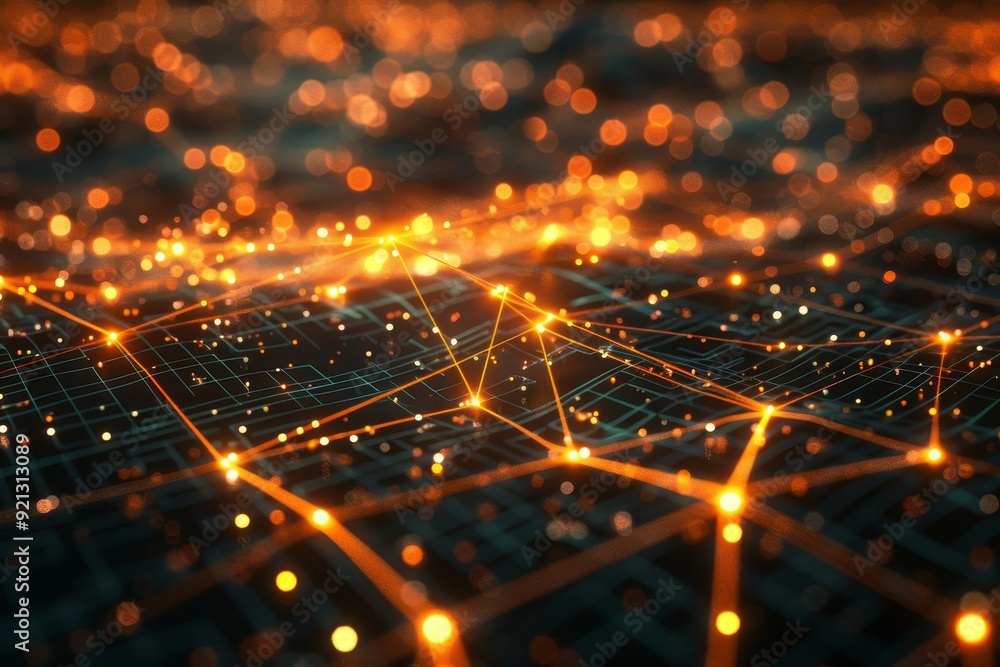 Poster abstract depiction of interconnected glowing pathways forming a complex network of lights, interconn