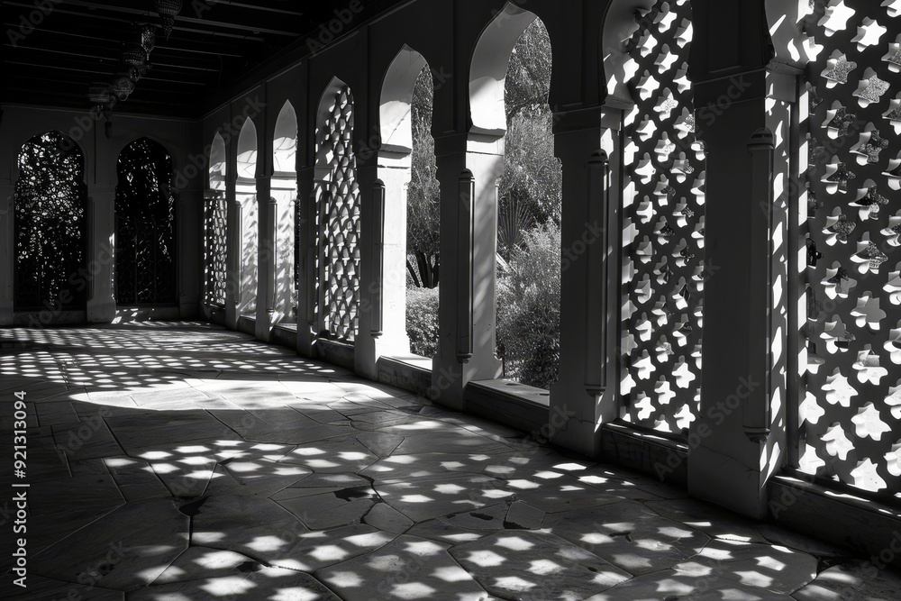Poster a black and white courtyard featuring arches with interlocking patterns of light and shadow, interlo