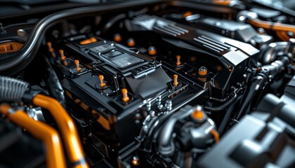 Fototapeta premium Close-up of a car battery in the engine compartment, highlighting its crucial role in vehicle
