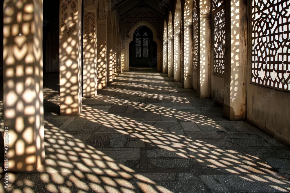 Aufkleber a hallway flooded with sunlight streaming through multiple windows, creating interlocking patterns o