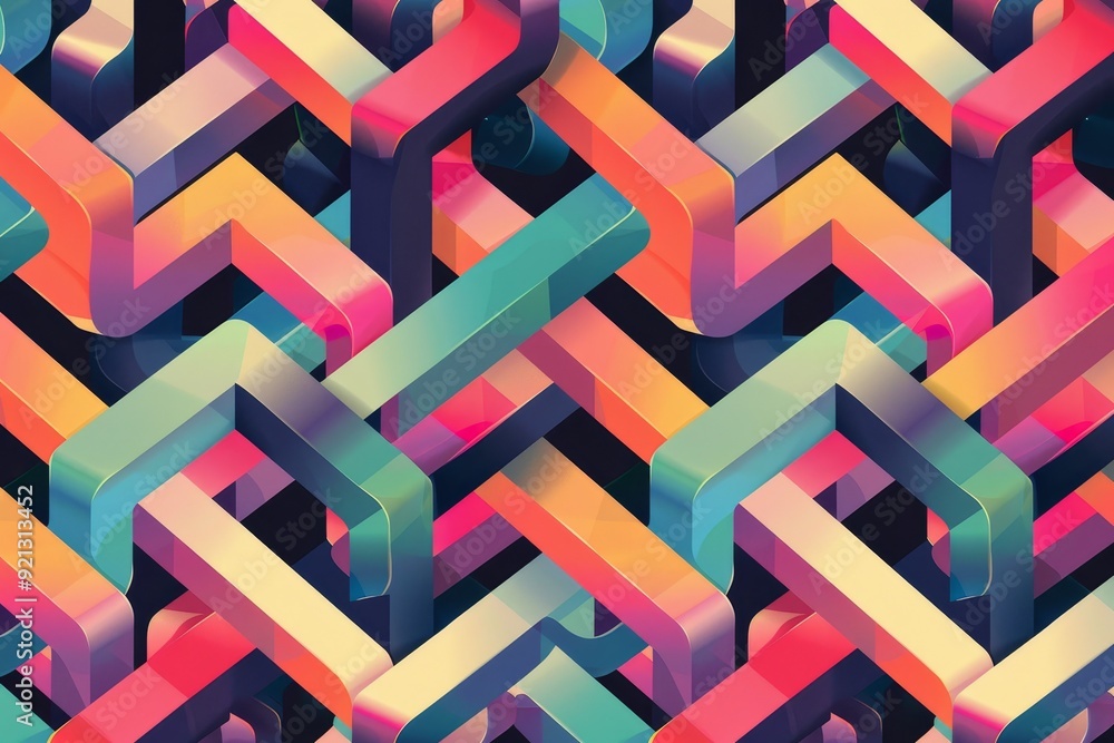 Poster interlocking squares form a vibrant and colorful geometric pattern, interlocking shapes and repeatin