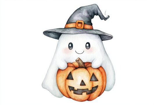 recommend clip art: On a white background, a ghost and pumpkin jack-o-lantern with a witch hat make a magic scary spirit with a watercolour simple spooky monster. A fun way to celebrate Halloween.