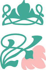 Series of modern botanical illustrations in Art Nouveau style, with decorative elements for graphics, classical art influences, Art Deco, hand-drawn vectors.