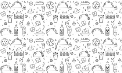 Mexican tradition Food Vector Seamless pattern. Hand drawn doodle Tequila, corn tortilla, taco, burritos, guacamole, nachos corn chips