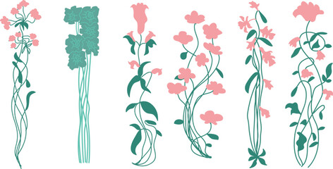 Assortment of contemporary plants in Art Nouveau style, with intricate details for graphic use, classical art, Art Deco, hand-drawn vector art.