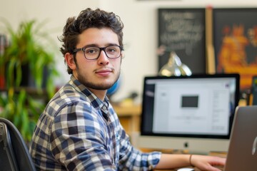 Fototapeta premium A young man sitting in front of a computer screen, focused on his work or study, Internship and work experience