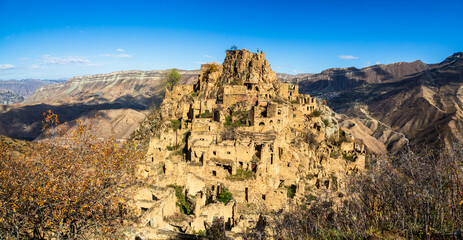 Sights of Dagestan. Abandoned ethnic aul in autumn. Old abandoned ghost town of Gamsutl, Dagestan, Russia