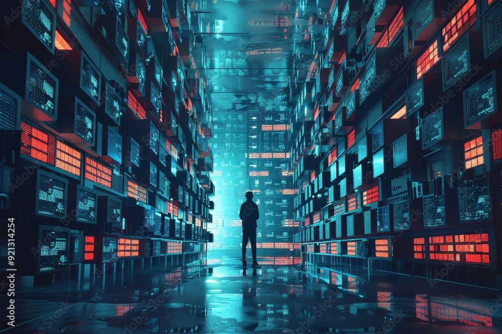 Poster a man stands surrounded by numerous televisions in a dark hallway, interpret the concept of data bac