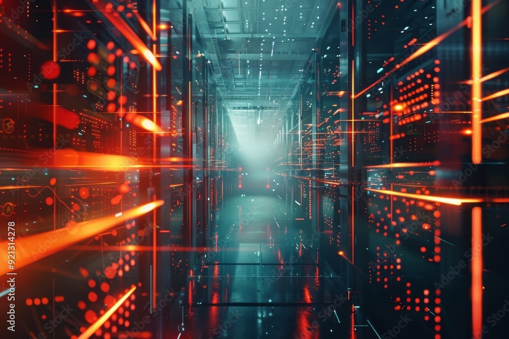 Aufkleber data center with red lights, interpret the concept of data backup and redundancy using ai-generated 