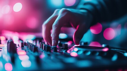 A close-up of a DJ adjusting controls on a mix console in a club setting, surrounded by neon lights...