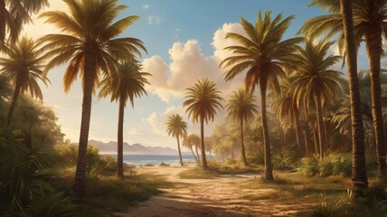 A warm summer breeze rustling through tall, swaying palm trees