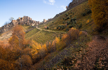 Sights of Dagestan. Abandoned ethnic aul in autumn. Old abandoned ghost town of Gamsutl, Dagestan, Russia