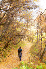 Obraz premium Dagestan, Russia - 23 October 2020: Sights of Dagestan. Tourist walking on the path passing colorful trees in autumn