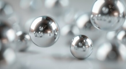 Shiny Silver Spheres Floating Above a Reflective Surface in Soft Lighting