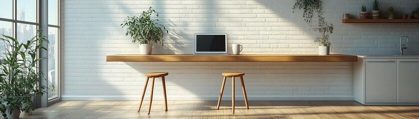 A contemporary kitchen island setup with high stools, laptop, and coffee mug, blending productivity with home comfort